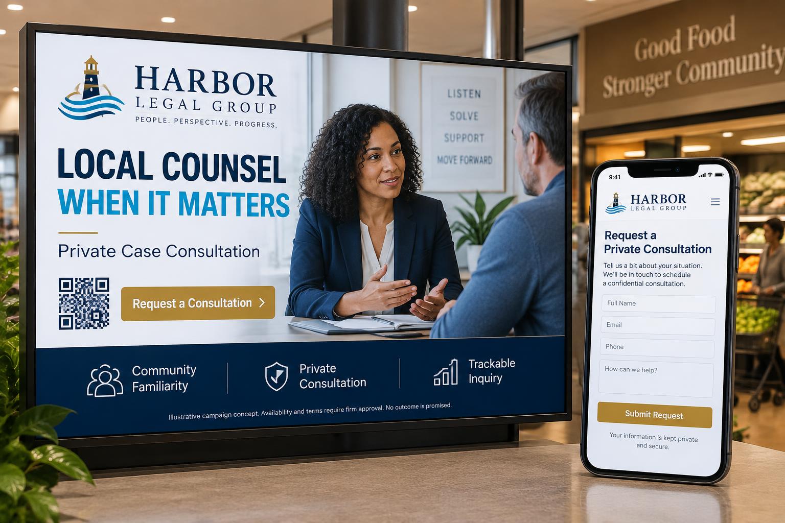 Illustrative Harbor Legal Group community display with a private consultation and coordinated mobile inquiry page