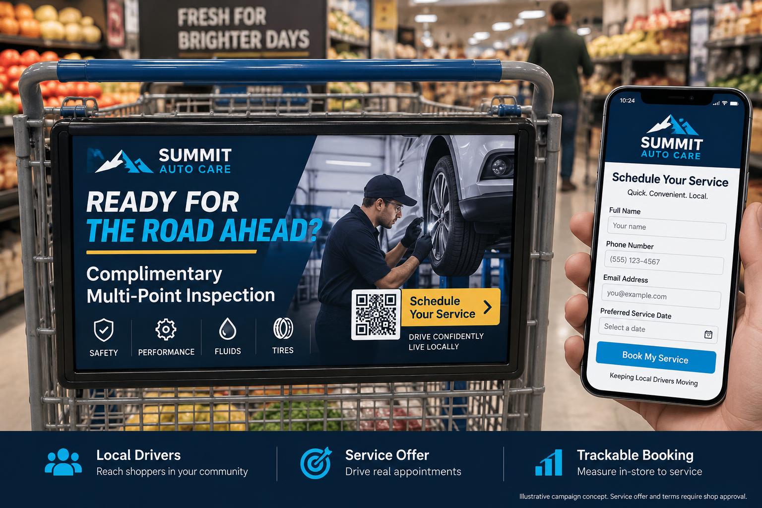 Illustrative Summit Auto Care grocery-cart campaign with an inspection offer and coordinated mobile booking page