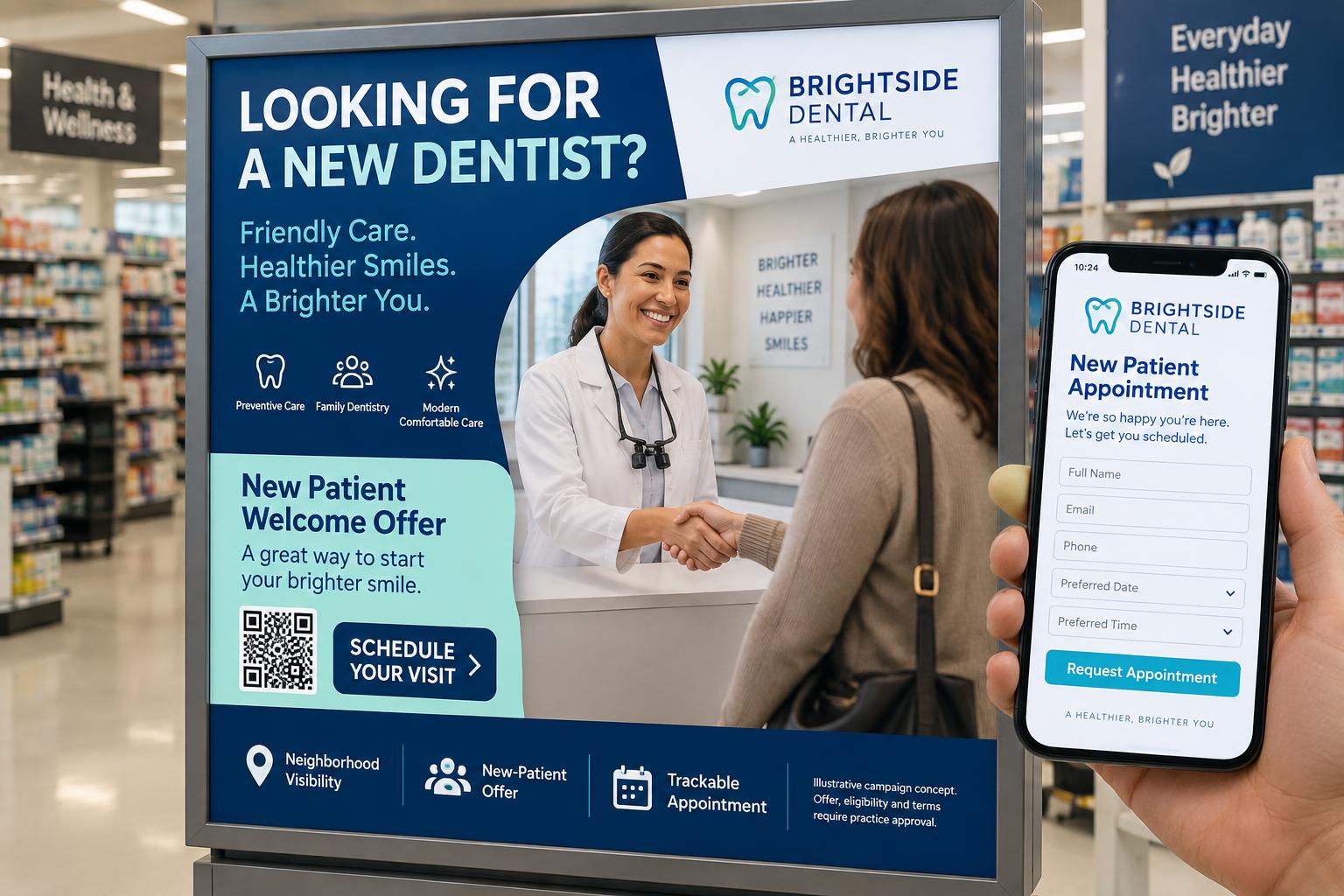 Illustrative Brightside Dental pharmacy display with a new-patient offer and coordinated mobile appointment page