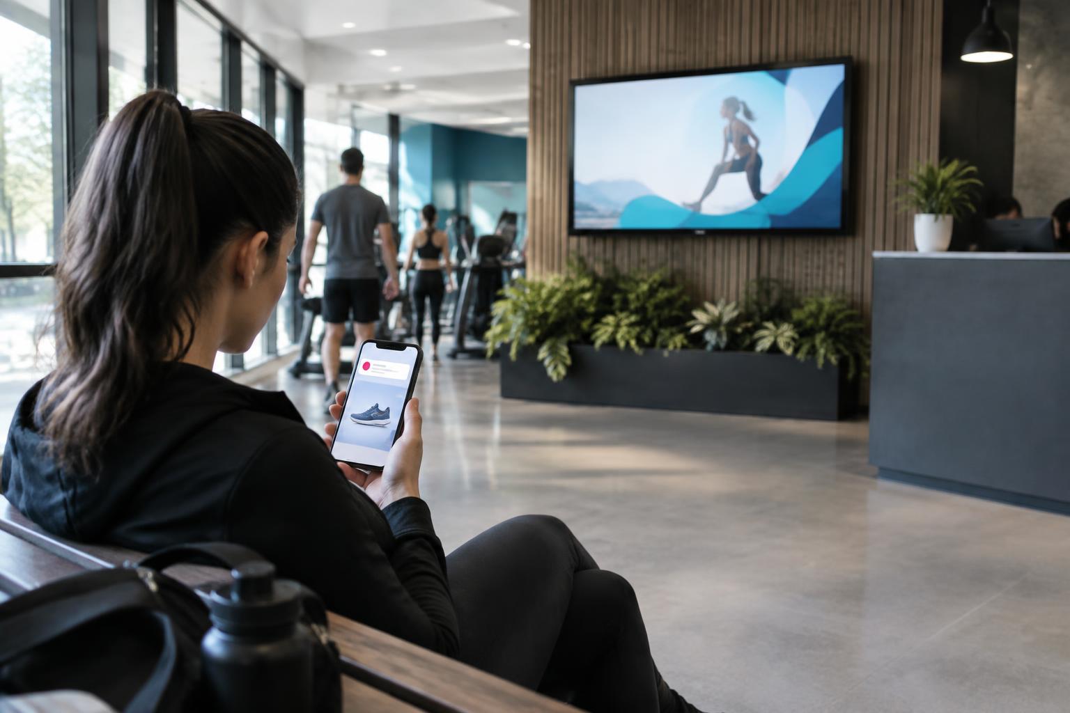 A gym member sees a lobby screen ad, then views a related ad on her phone