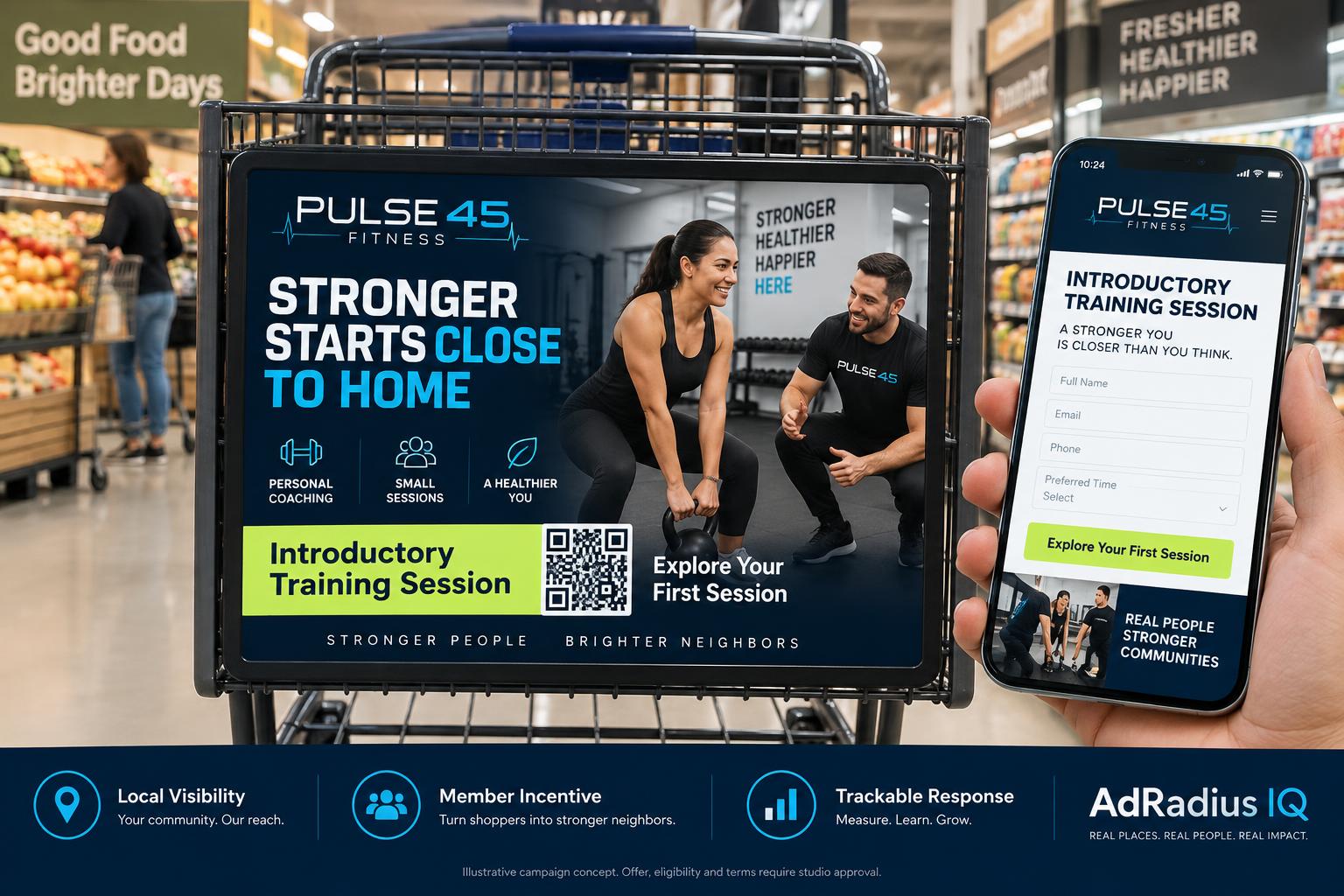 Illustrative Pulse 45 Fitness grocery-cart campaign with an introductory session and coordinated mobile response page