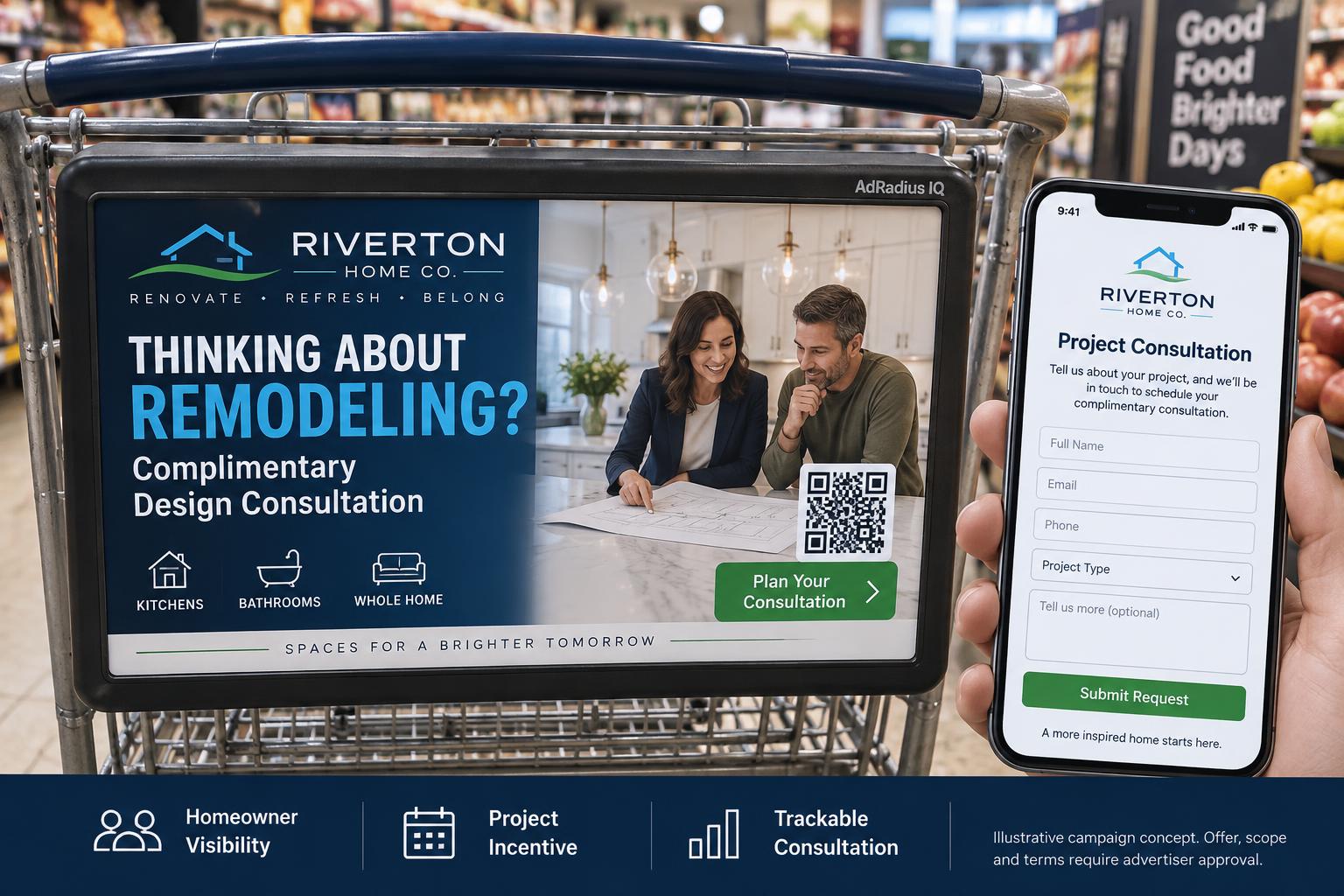 Illustrative Riverton Home Company grocery-cart campaign with a design consultation and coordinated mobile request page