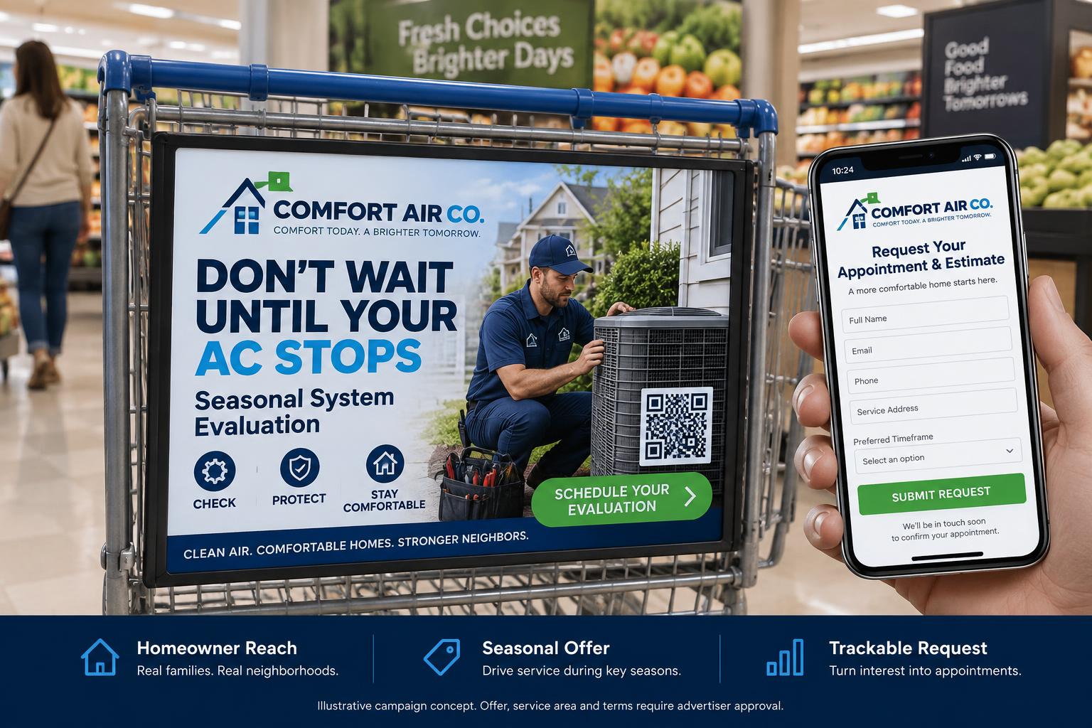 Illustrative Comfort Air grocery-cart campaign with a seasonal system evaluation and coordinated mobile request page