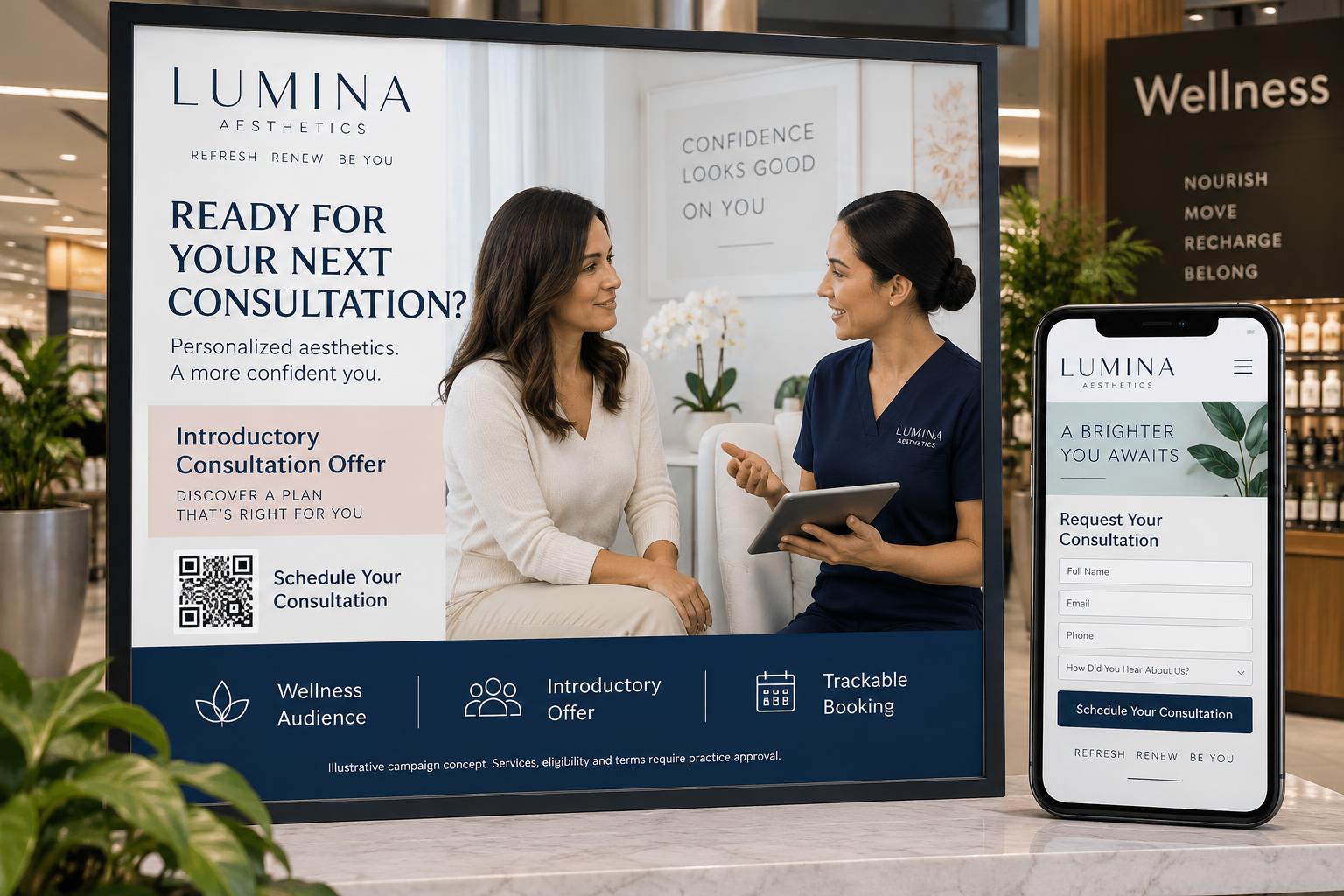 Illustrative Lumina Aesthetics wellness display with an introductory consultation and coordinated mobile booking page