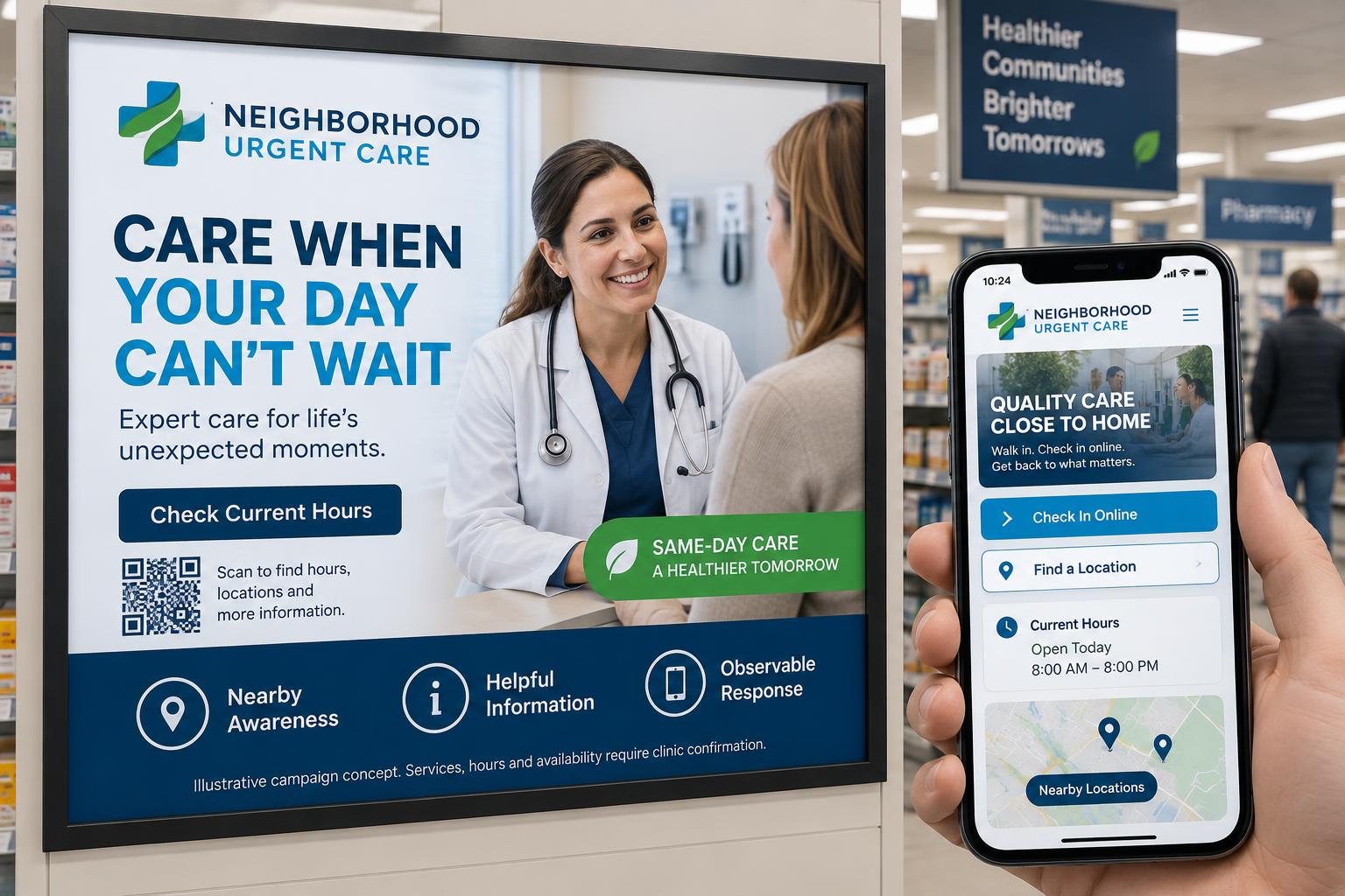 Illustrative Neighborhood Urgent Care pharmacy display with current-hours information and a coordinated mobile check-in page