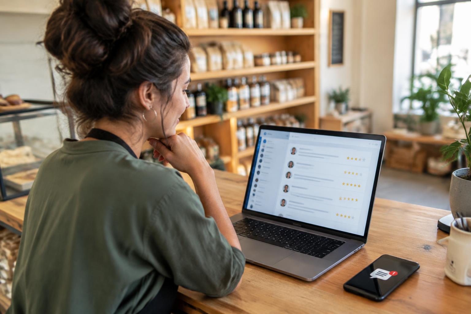 A local shop owner reviews customer messages and star ratings on a laptop