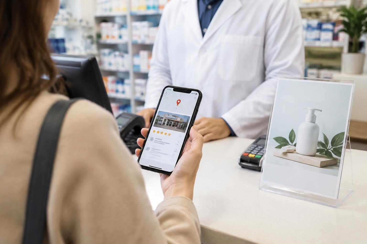 A pharmacy customer views a local business profile with a map and reviews on her phone