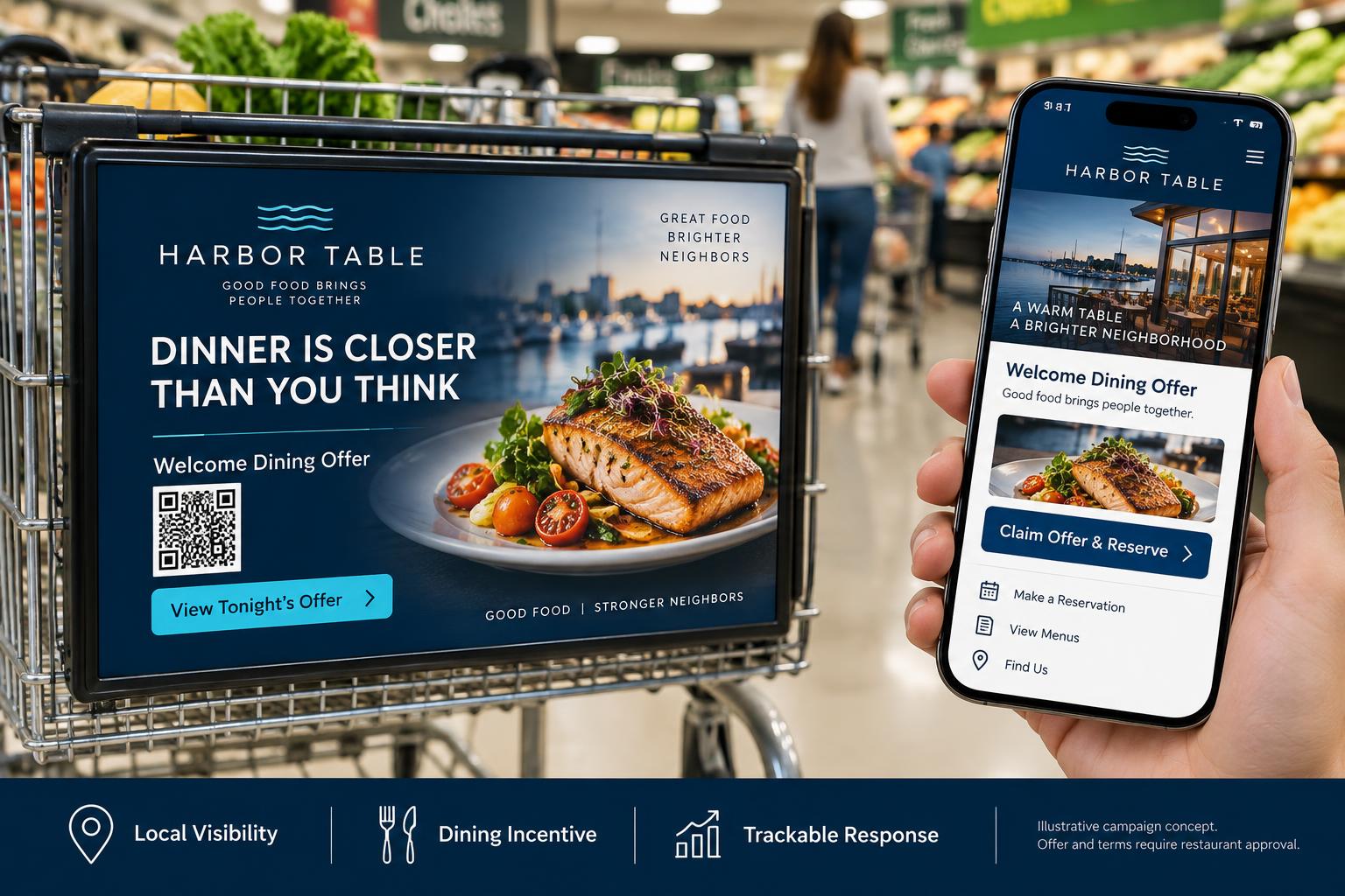 Illustrative Harbor Table grocery-cart campaign with a dining offer and coordinated mobile reservation page