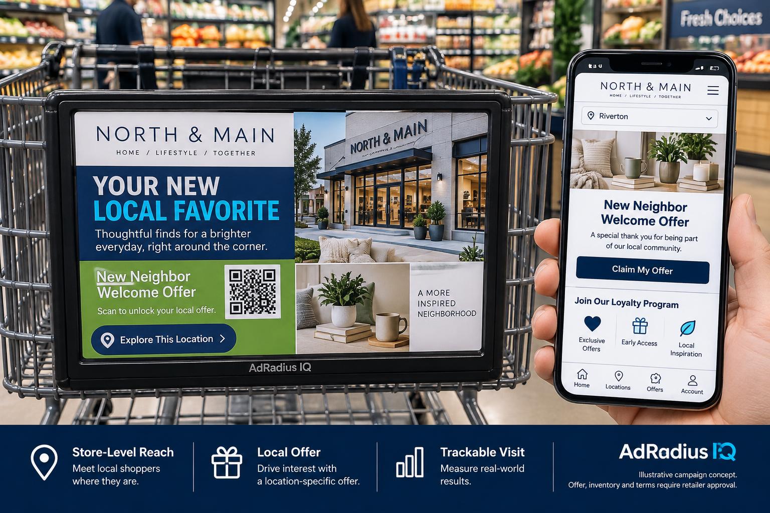 Illustrative North and Main grocery-cart campaign with a local welcome offer and coordinated mobile loyalty page