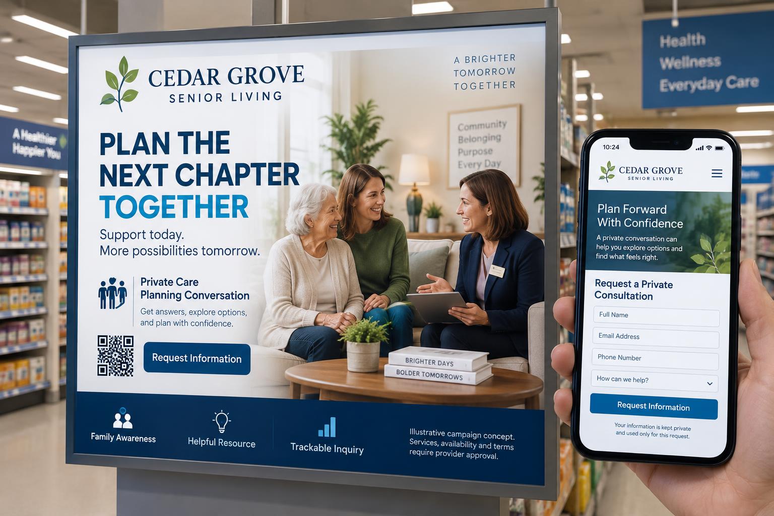 Illustrative Cedar Grove Senior Living pharmacy display with a care-planning conversation and coordinated mobile inquiry page