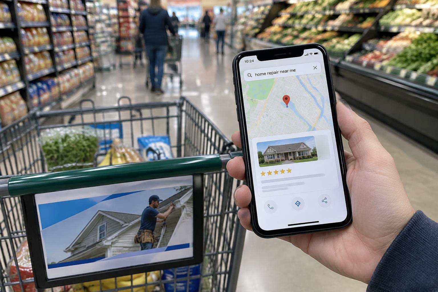 A shopper in a grocery aisle with a cart ad looks up a local home-repair business on a phone map with reviews